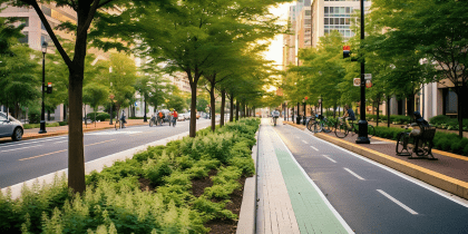City street with small trees and plants