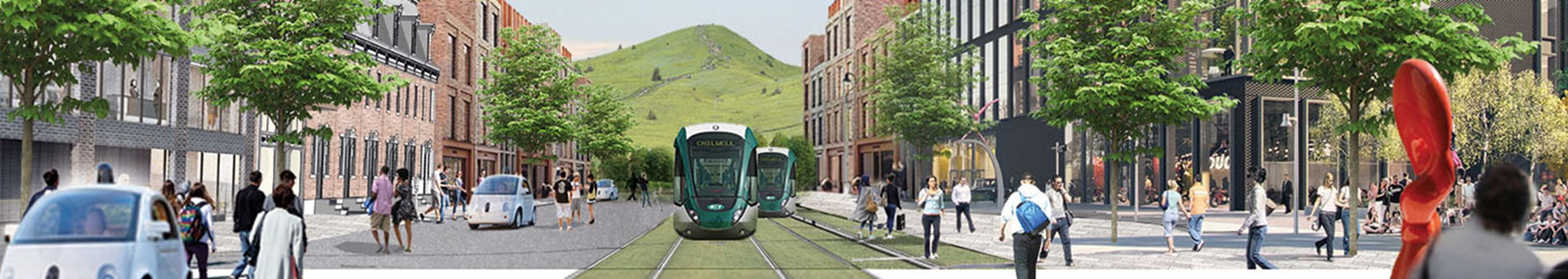 A tree lined street with cars, trains and pedestrians