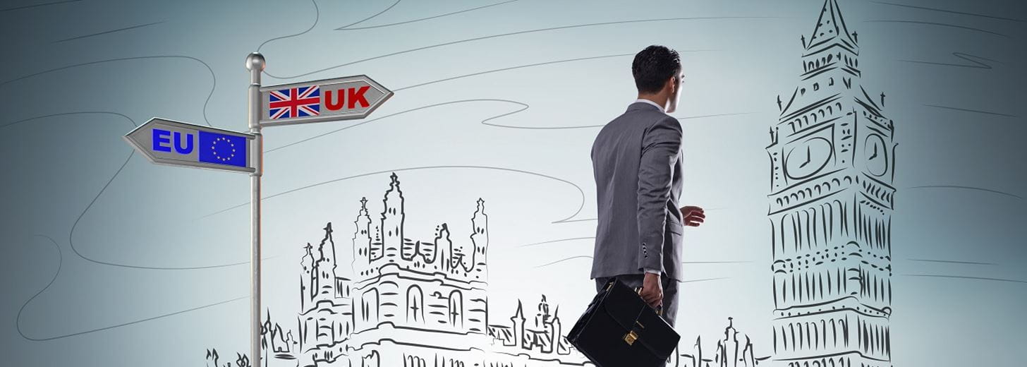 Abstract depiction of UK leaving EU - Businessman walking past sign away from Europe towards UK