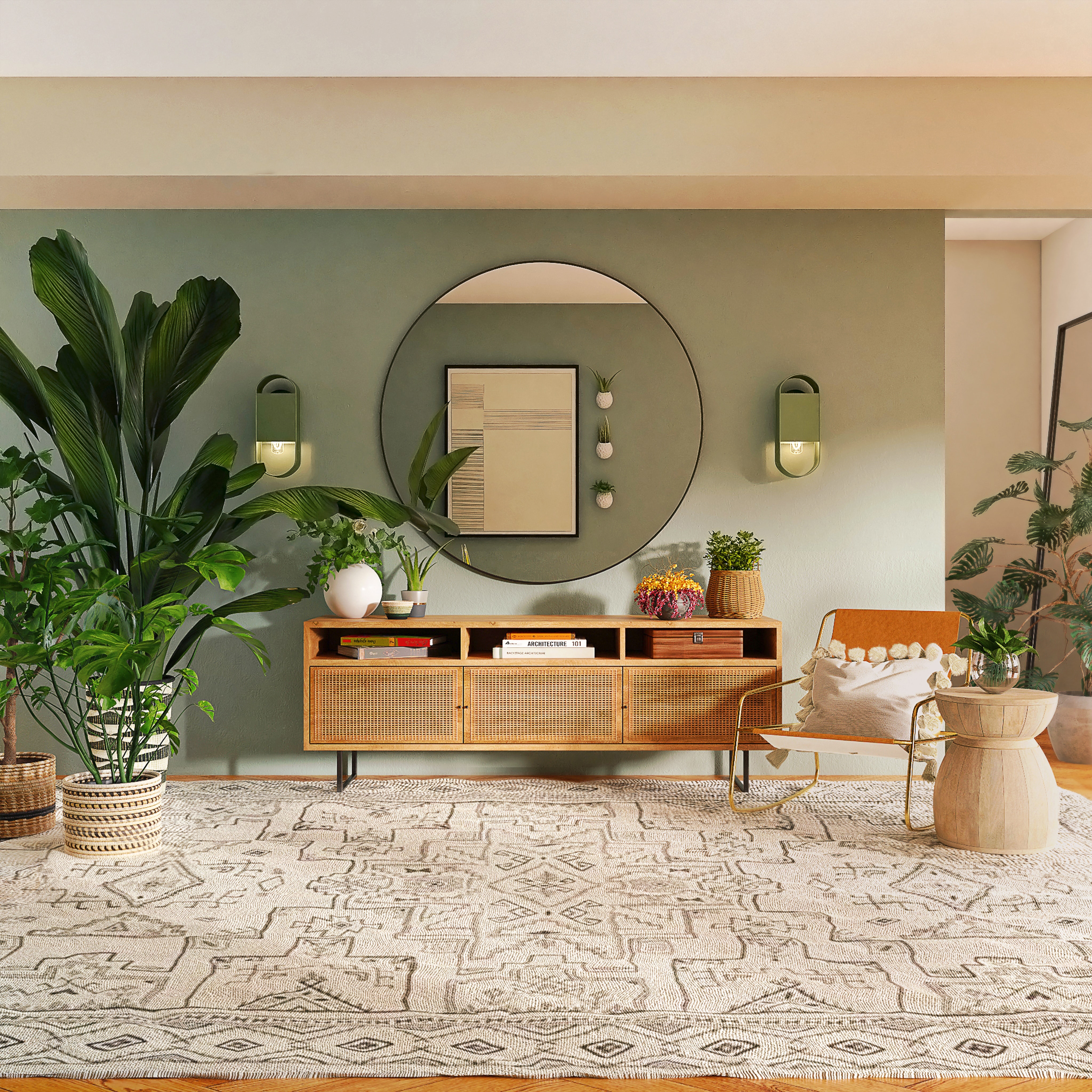 Home interior with a large plant, desk side table and large mirror