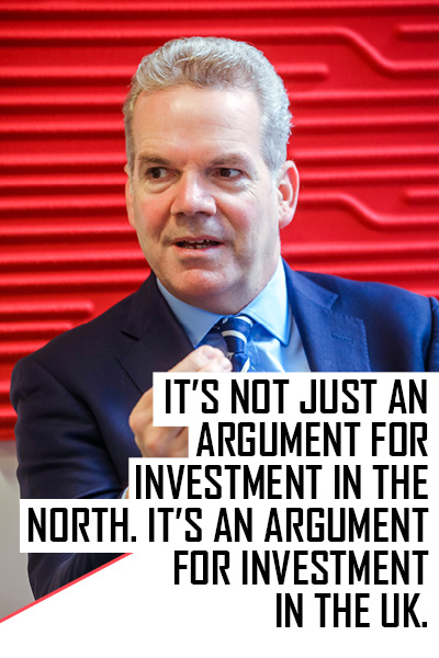 Quote: IT’S NOT JUST AN  ARGUMENT FOR  INVESTMENT IN THE  NORTH. IT’S AN ARGUMENT FOR INVESTMENT  IN THE UK. over photo of Barry White, Chief Exec of Transport for the North