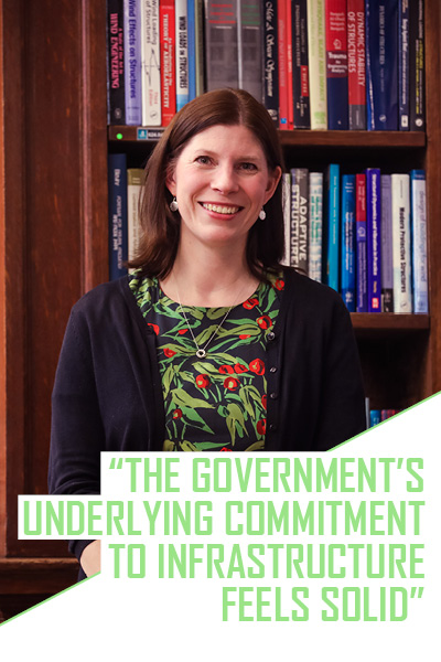 Rachel Skinner (incoming president of Civil Engineers) with pull quote: “The government’s underlying commitment to infrastructure feels solid”