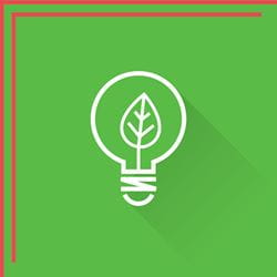 Green block illustration of abstract lightbulb with leaf inside - signifying green enery