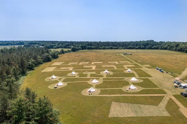 Forest Edge with glamping tents sparsely located around the field